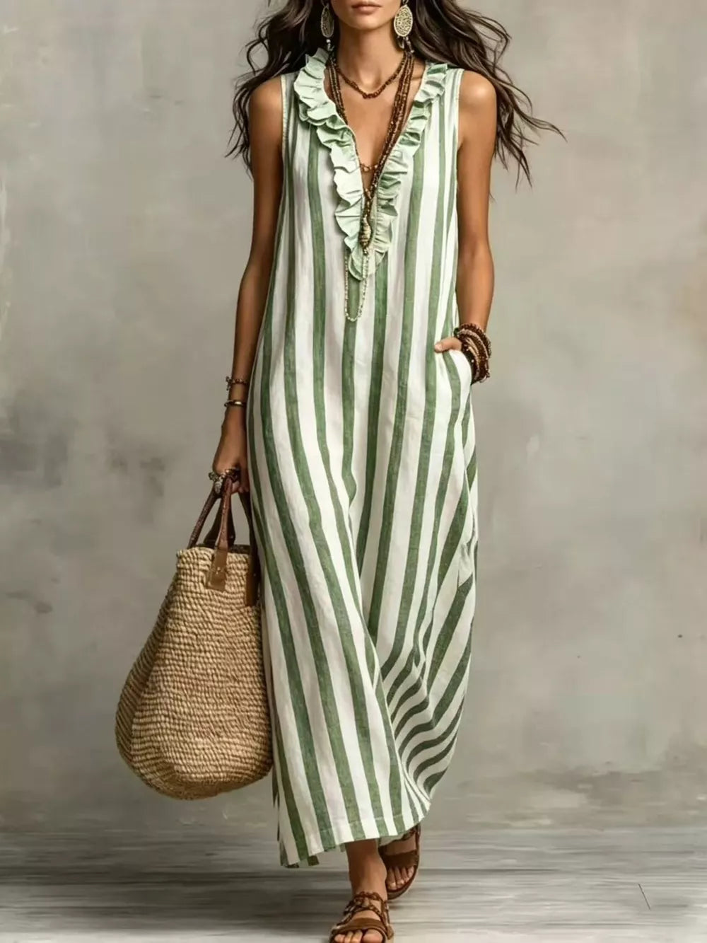 Full Size Sleeveless Striped Ruffle V-Neck Maxi Dress Plus Size - Blue