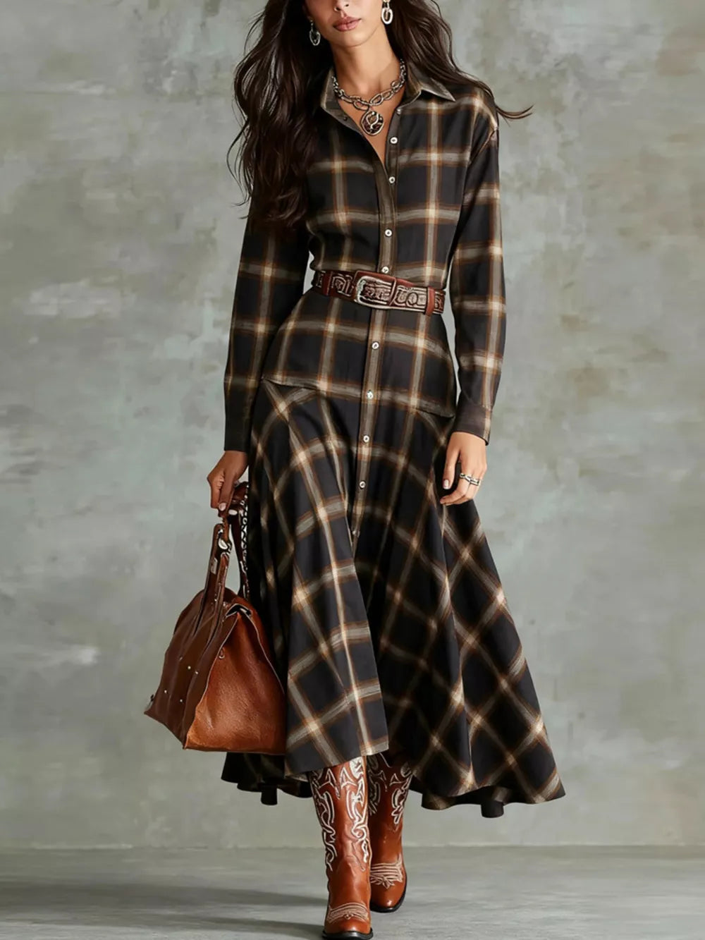 Plaid Button-Down Shirt Dress - Dark Brown