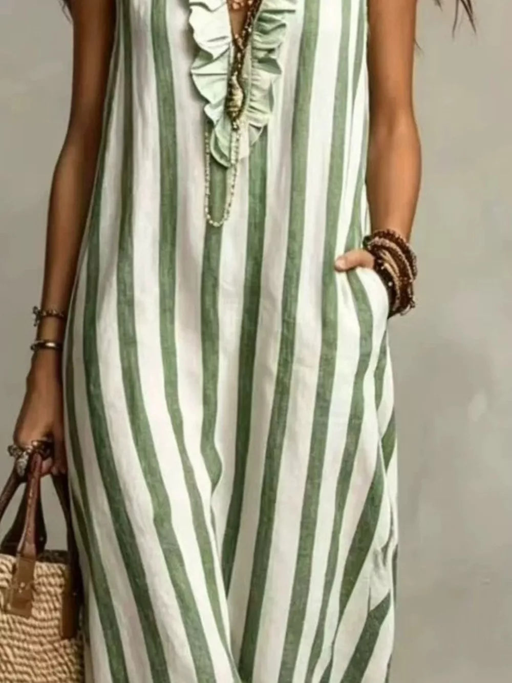 Full Size Sleeveless Striped Ruffle V-Neck Maxi Dress Plus Size - Blue