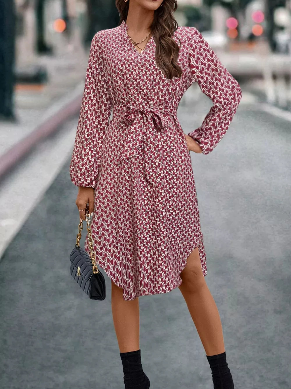 V-Neck Long Sleeve Printed Dress - Cerise