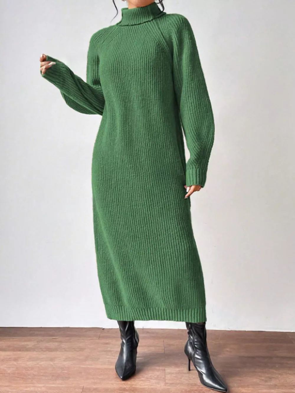 Turtleneck Ribbed Knit Midi Sweater Dress - Black