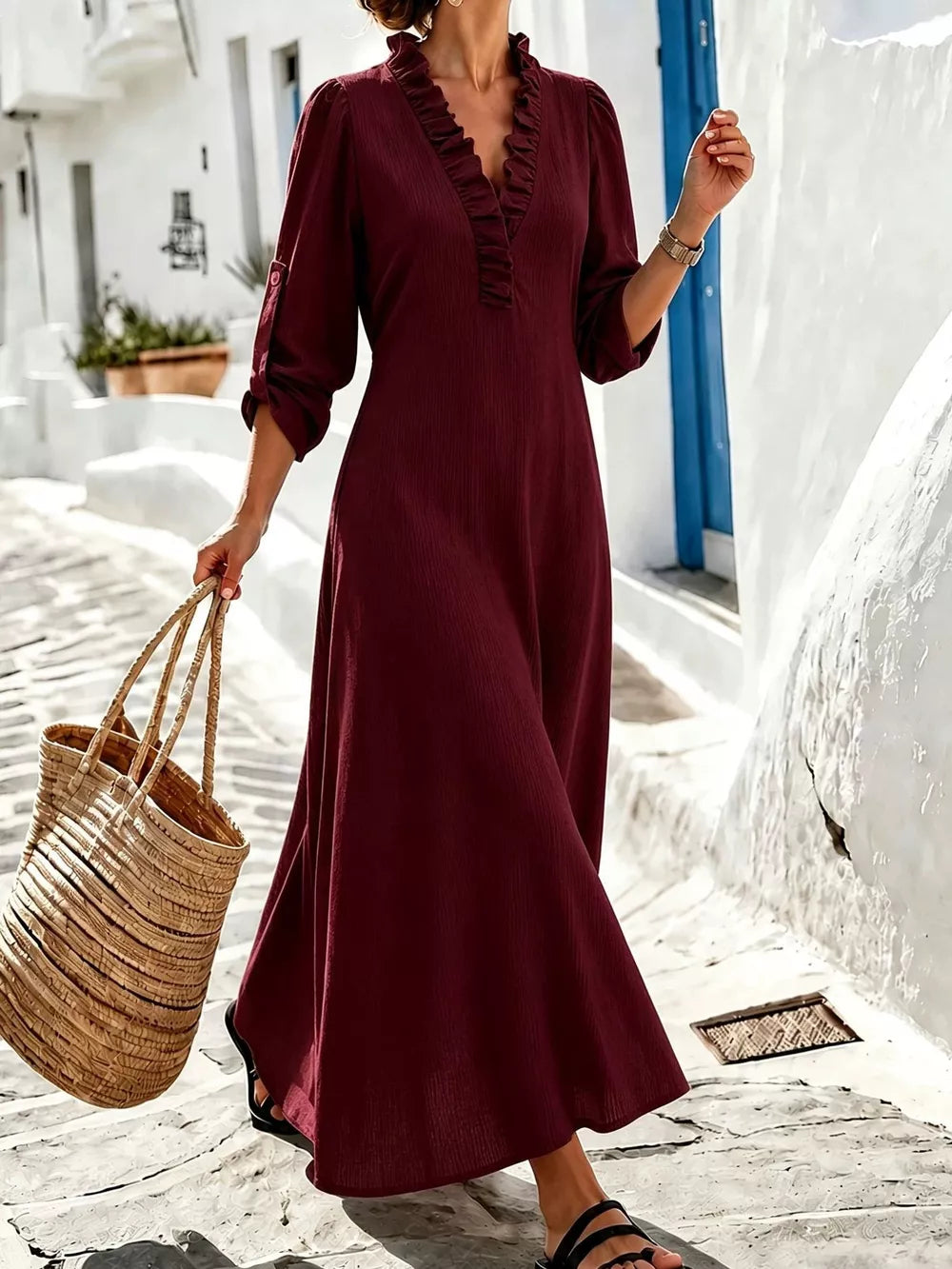 Full Size V-Neck Maxi Dress with Roll-Up Sleeves Plus Size - Dark Blue