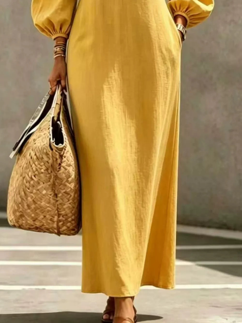 Decorative Button Balloon Sleeve Maxi Dress - Mustard
