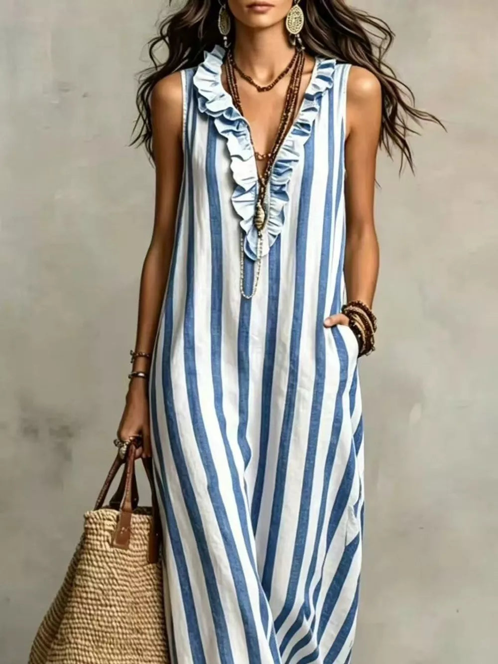 Full Size Sleeveless Striped Ruffle V-Neck Maxi Dress Plus Size - Blue