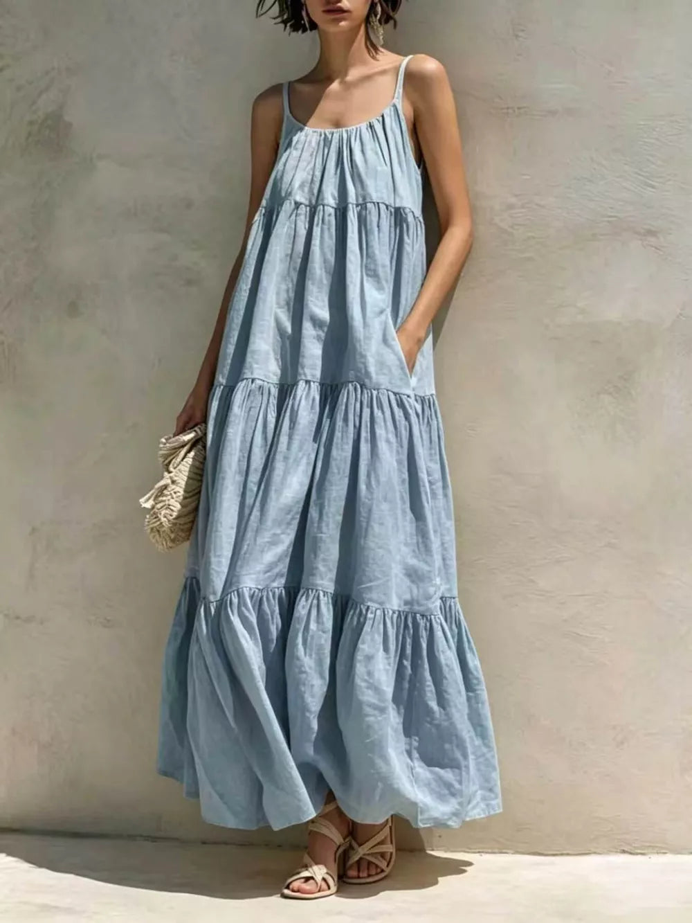 Tiered Scoop Neck Maxi Dress - Beige