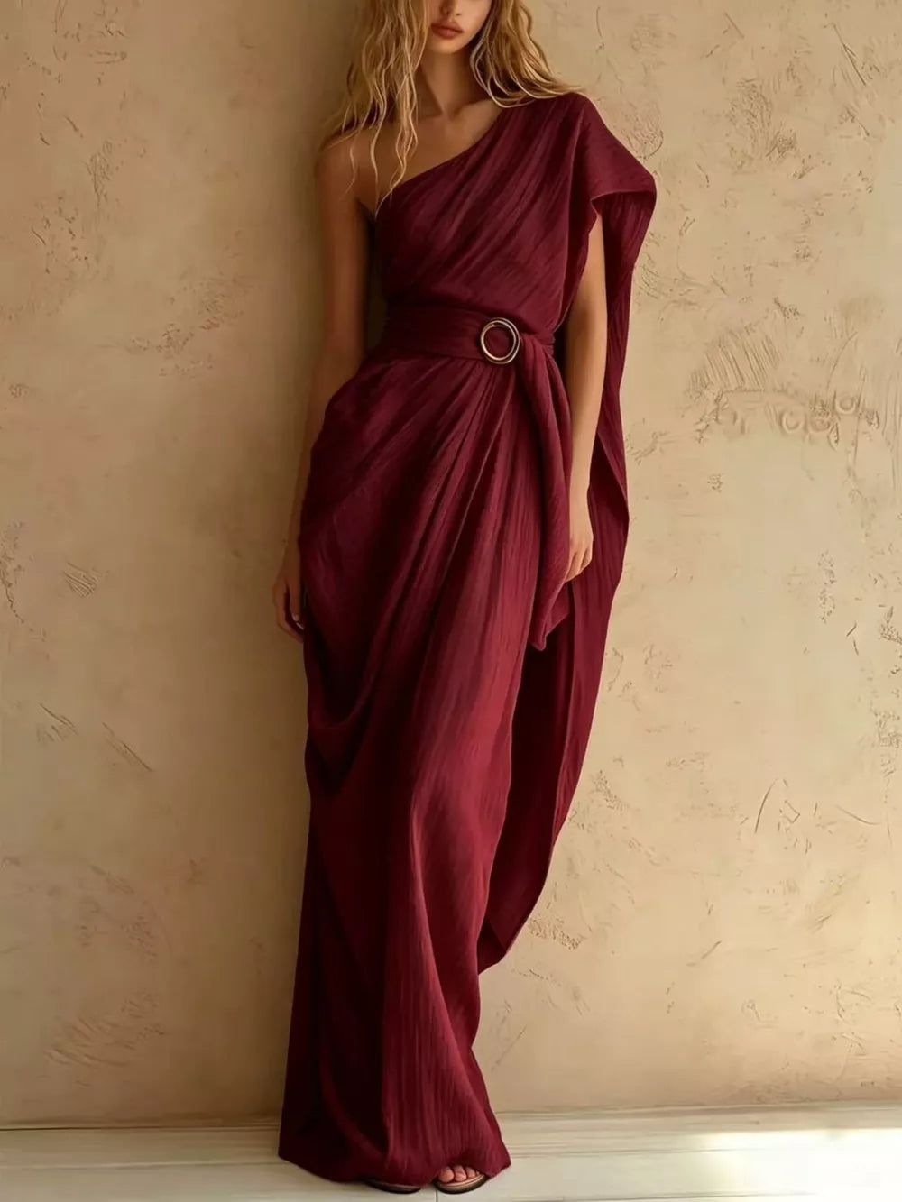 One-Shoulder Draped Maxi Dress with Waist Buckle - Army Green