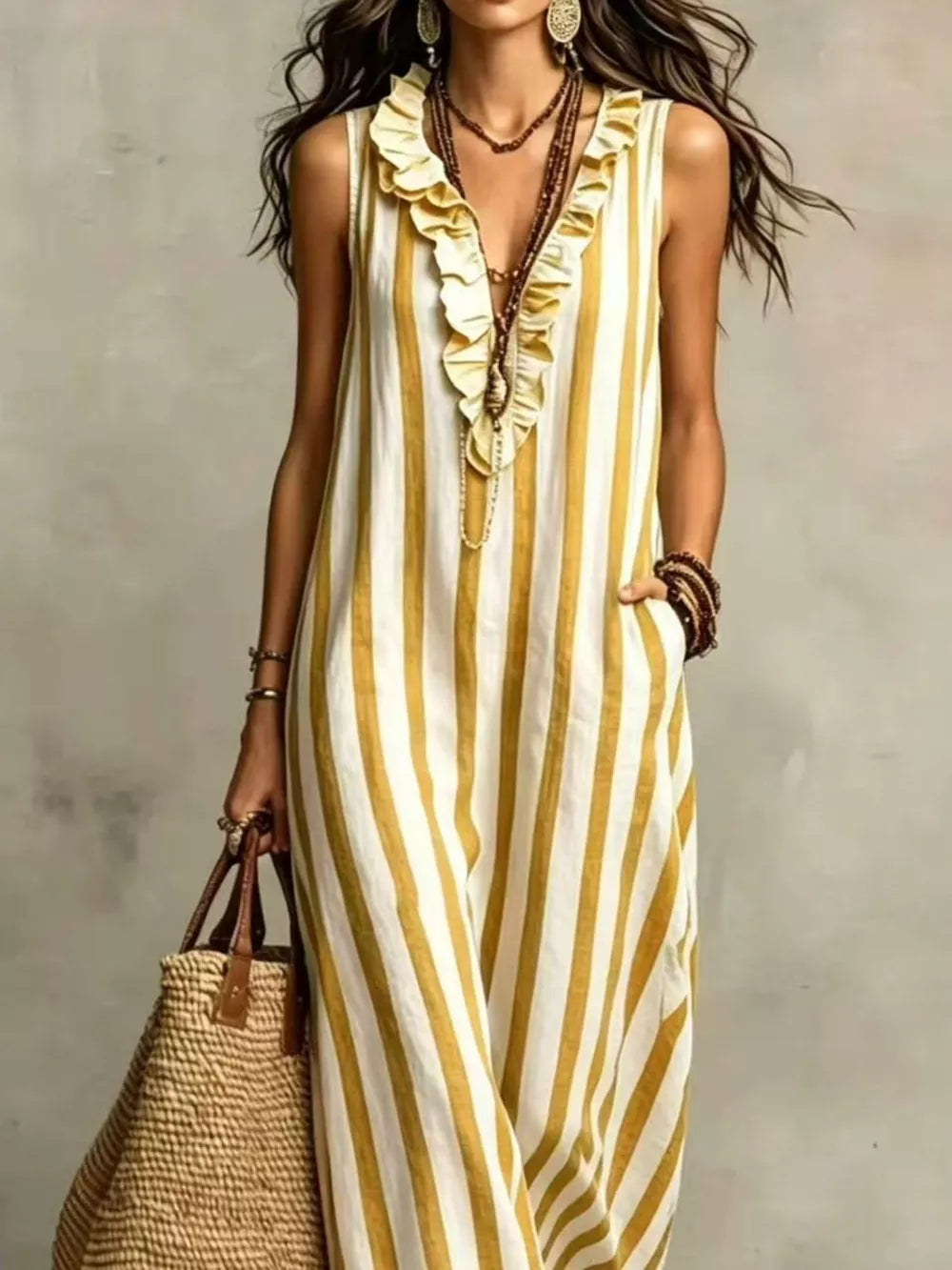 Full Size Sleeveless Striped Ruffle V-Neck Maxi Dress Plus Size - Green