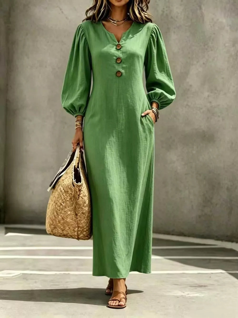 Decorative Button Balloon Sleeve Maxi Dress - Scarlet