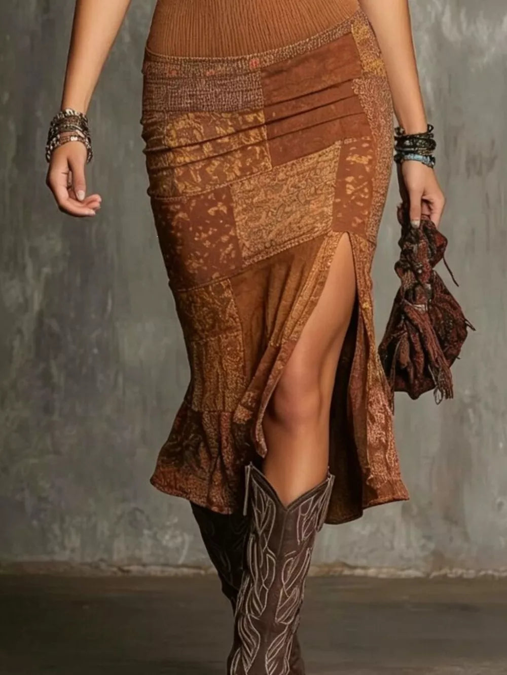 Slit Printed Sleeveless Midi Dress - Caramel