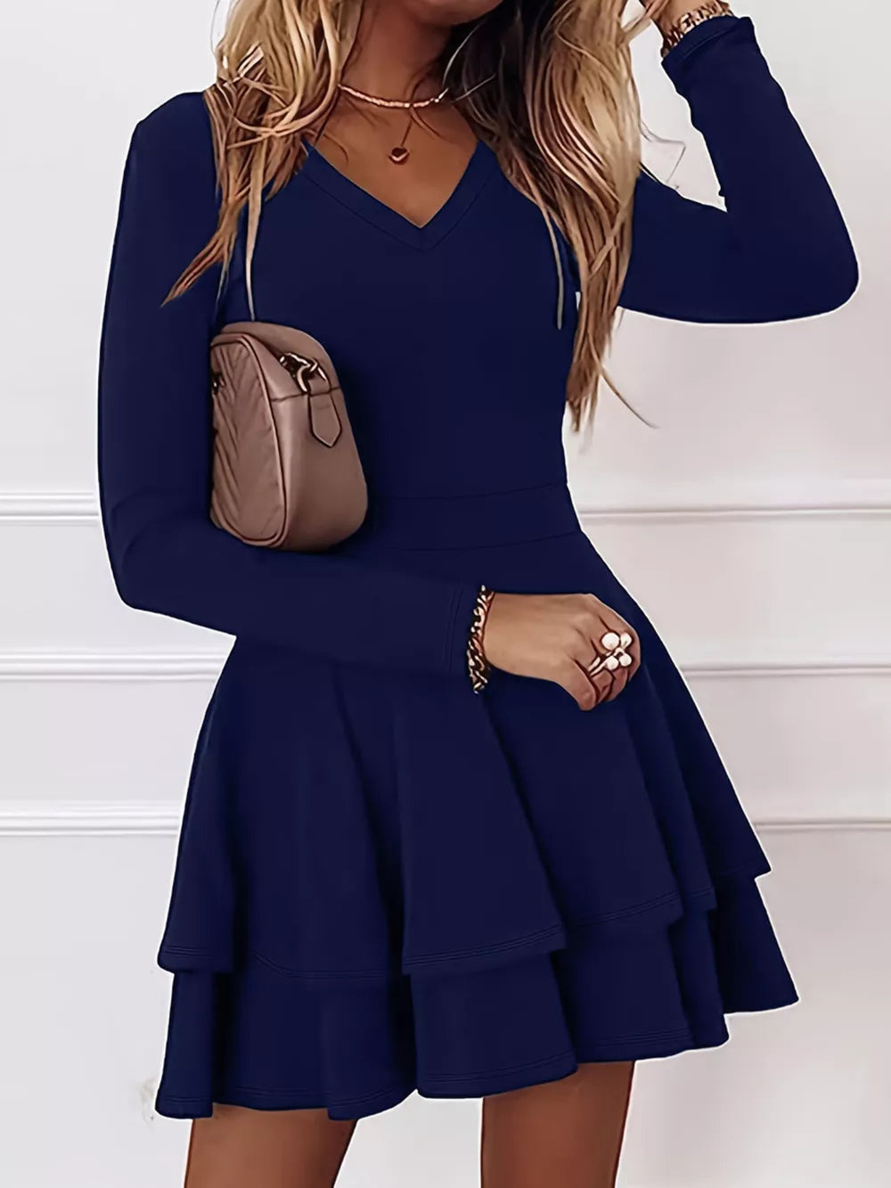 V-Neck Long Sleeve Layered Ruffle Mini Dress - Burgundy