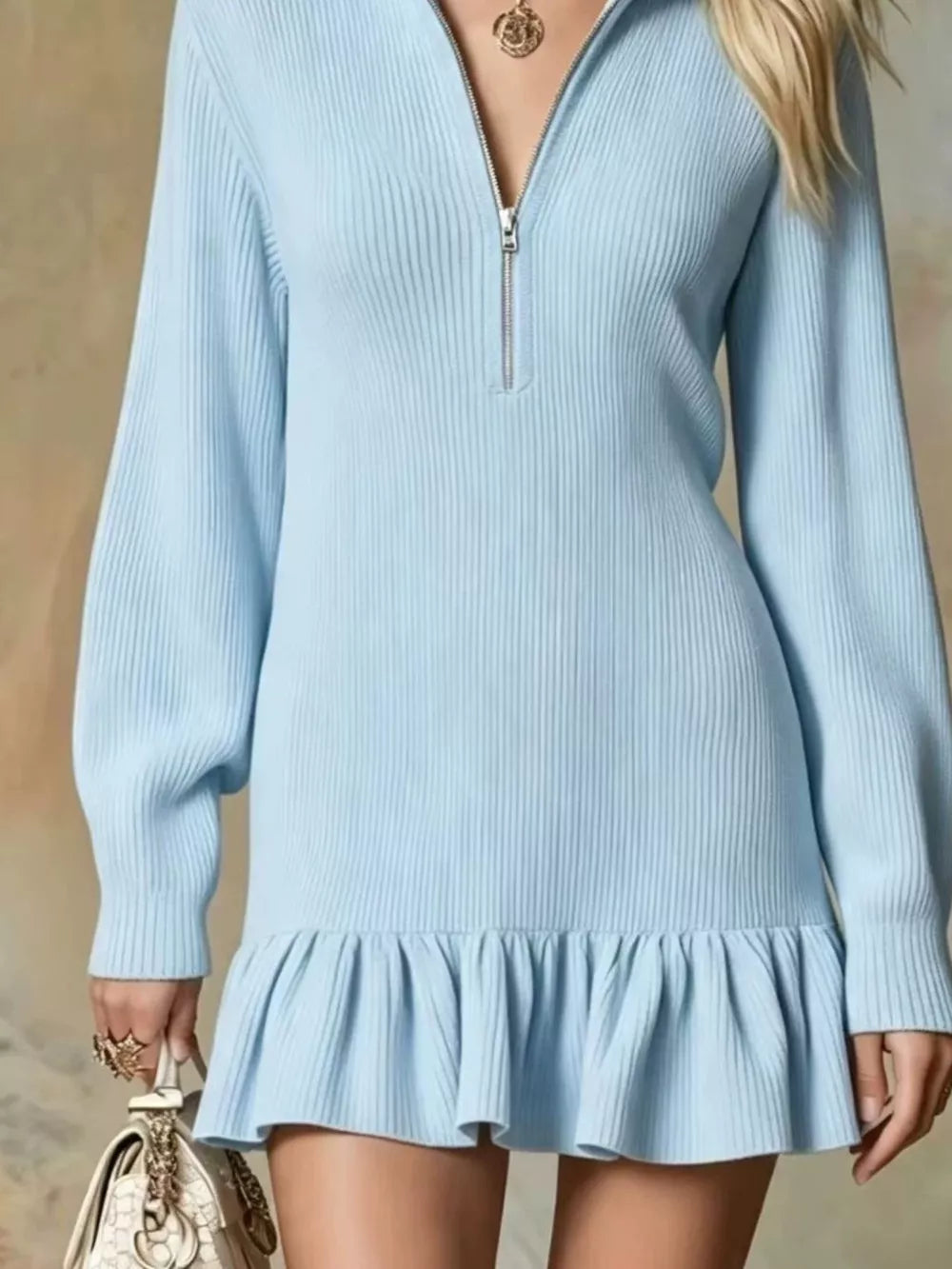 Ruffle Hem Half Zip Dress - Light Blue
