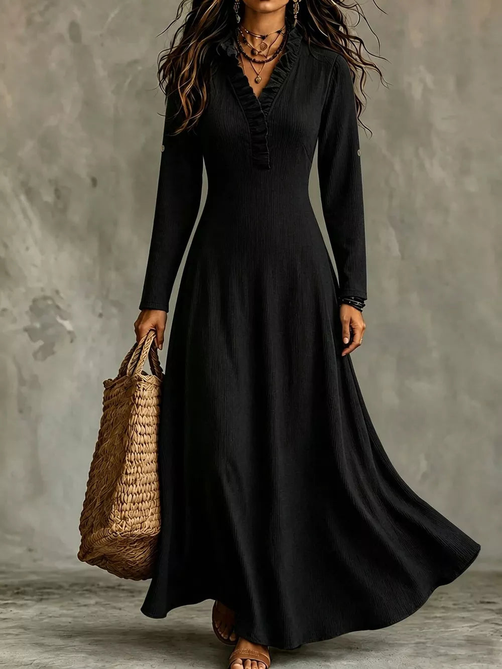 Full Size V-Neck Maxi Dress with Roll-Up Sleeves Plus Size - Green