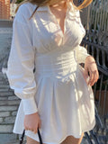 Collared Neck Lantern Sleeve Mini Dress - White