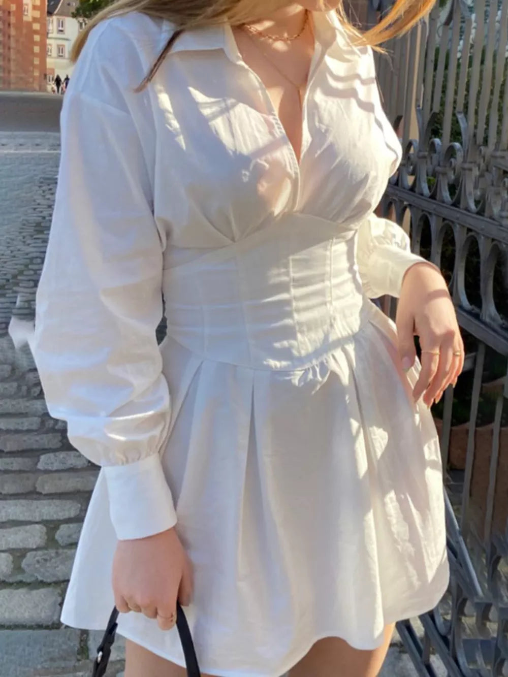 Collared Neck Lantern Sleeve Mini Dress - White