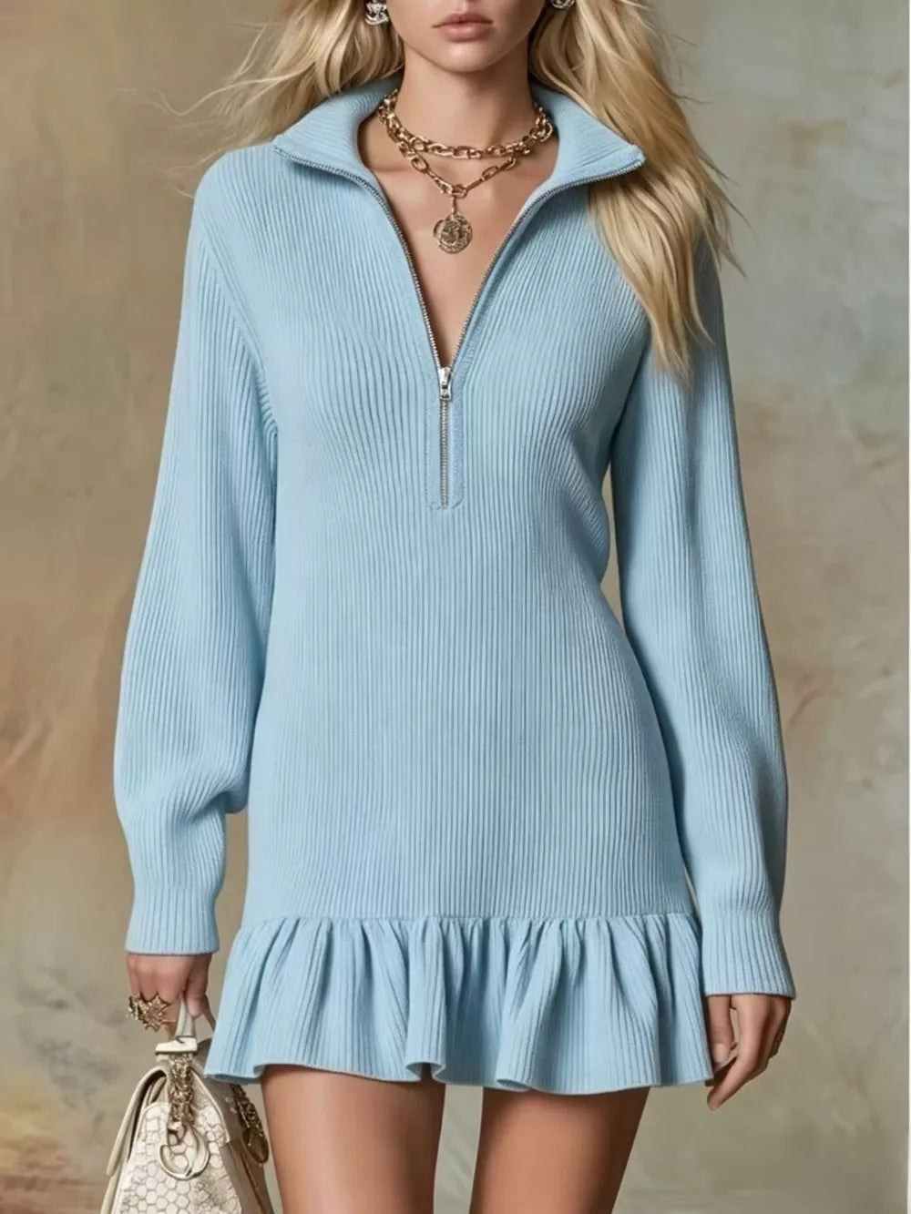 Ruffle Hem Half Zip Dress - Beige
