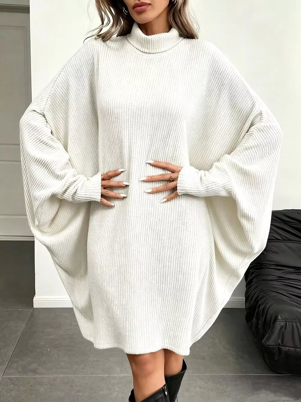 Oversized Batwing Sleeve Ribbed Knit Turtleneck Dress - White