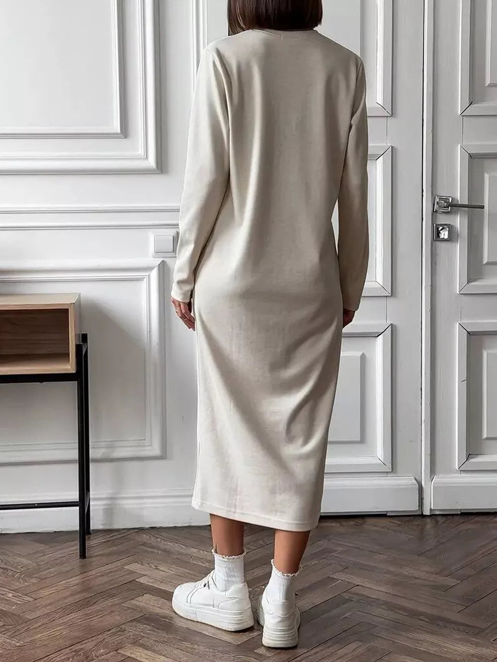 Round Neck Long-Sleeve Midi Dress - Dust Storm