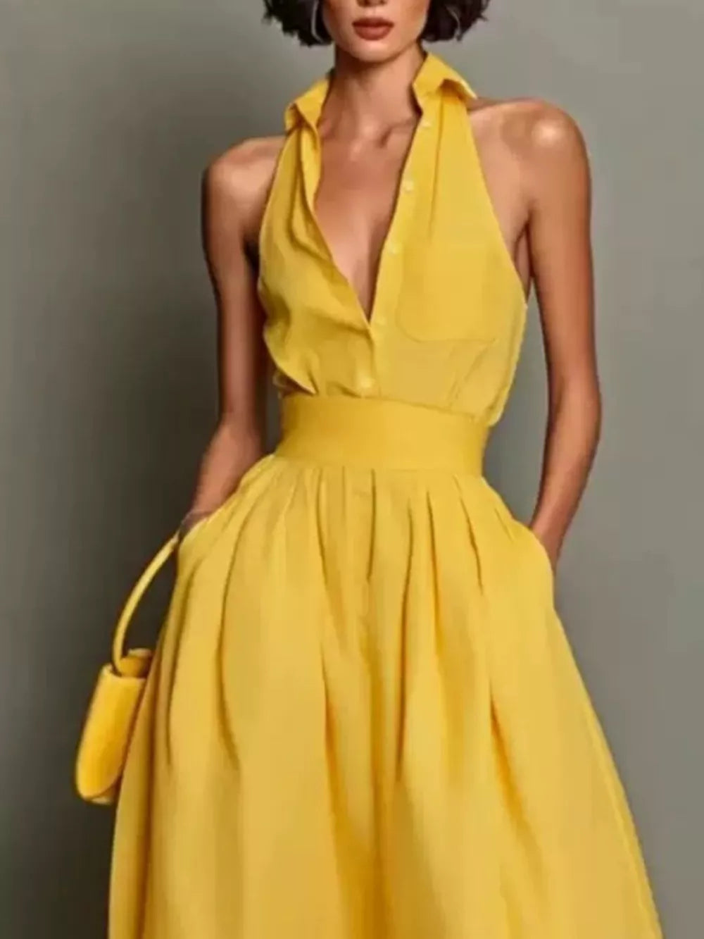 Sleeveless Collared A-Line Midi Dress - Yellow