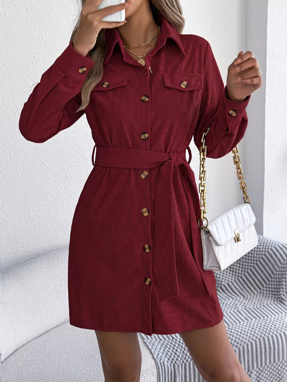 Corduroy Button-Down Shirt Dress - Burgundy