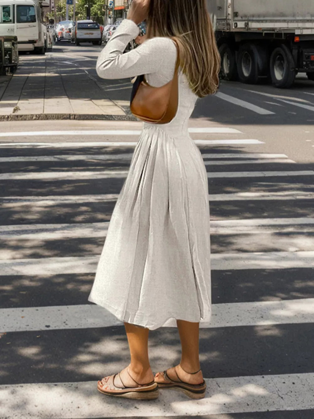 Keyhole Long-Sleeve Midi Dress - Apricot
