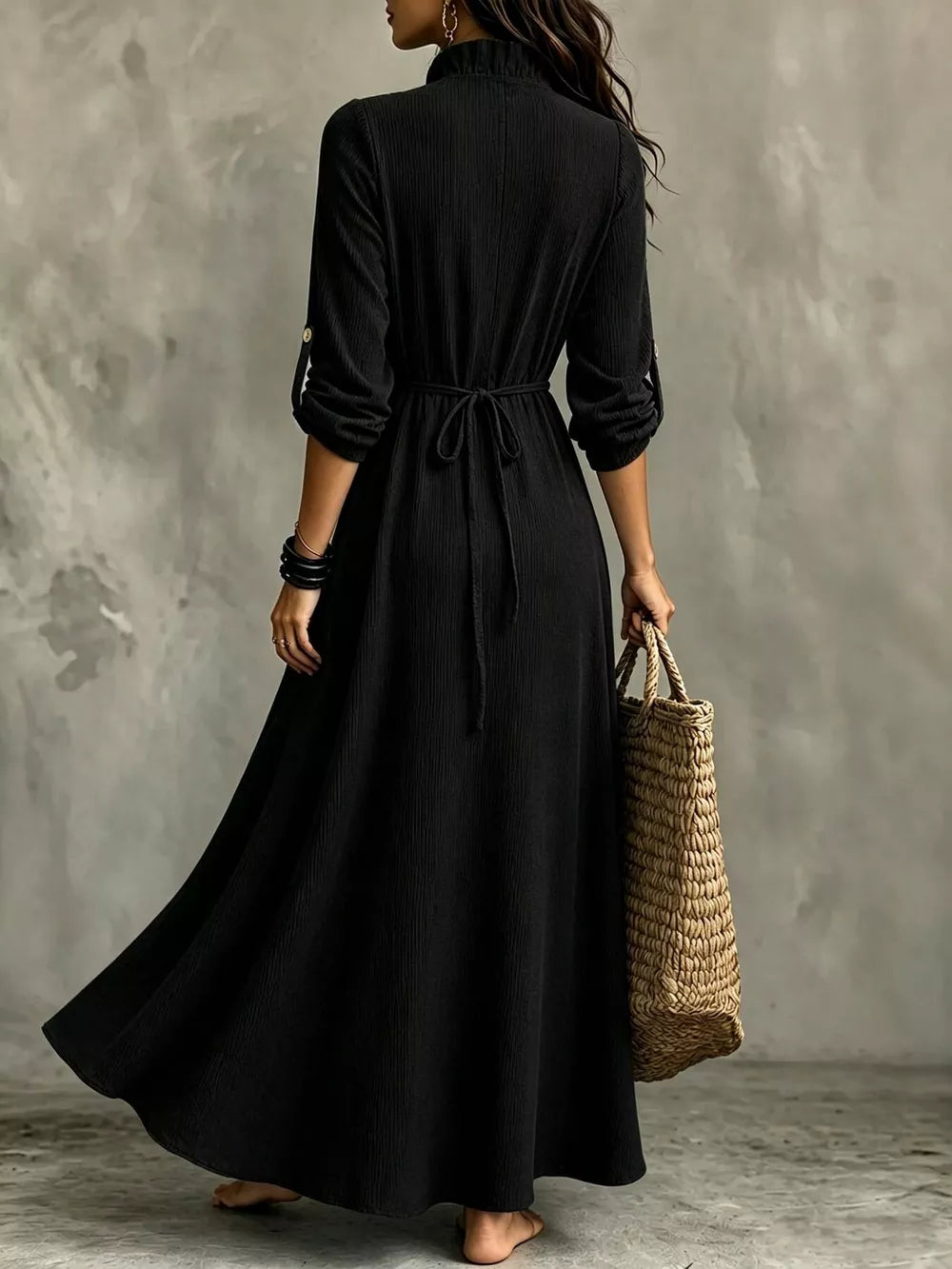 Full Size V-Neck Maxi Dress with Roll-Up Sleeves Plus Size - Green