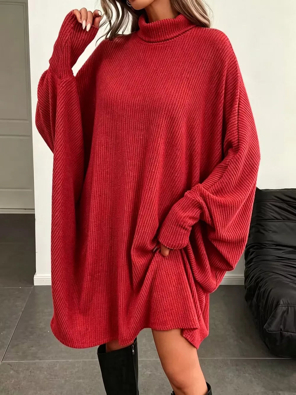 Oversized Batwing Sleeve Ribbed Knit Turtleneck Dress - White