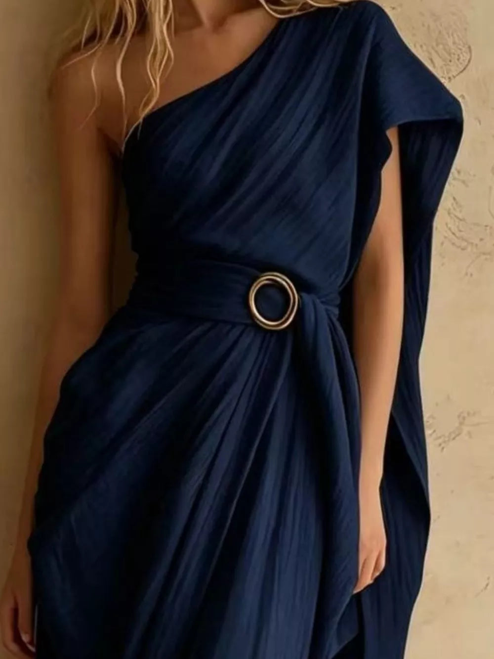 One-Shoulder Draped Maxi Dress with Waist Buckle - Black