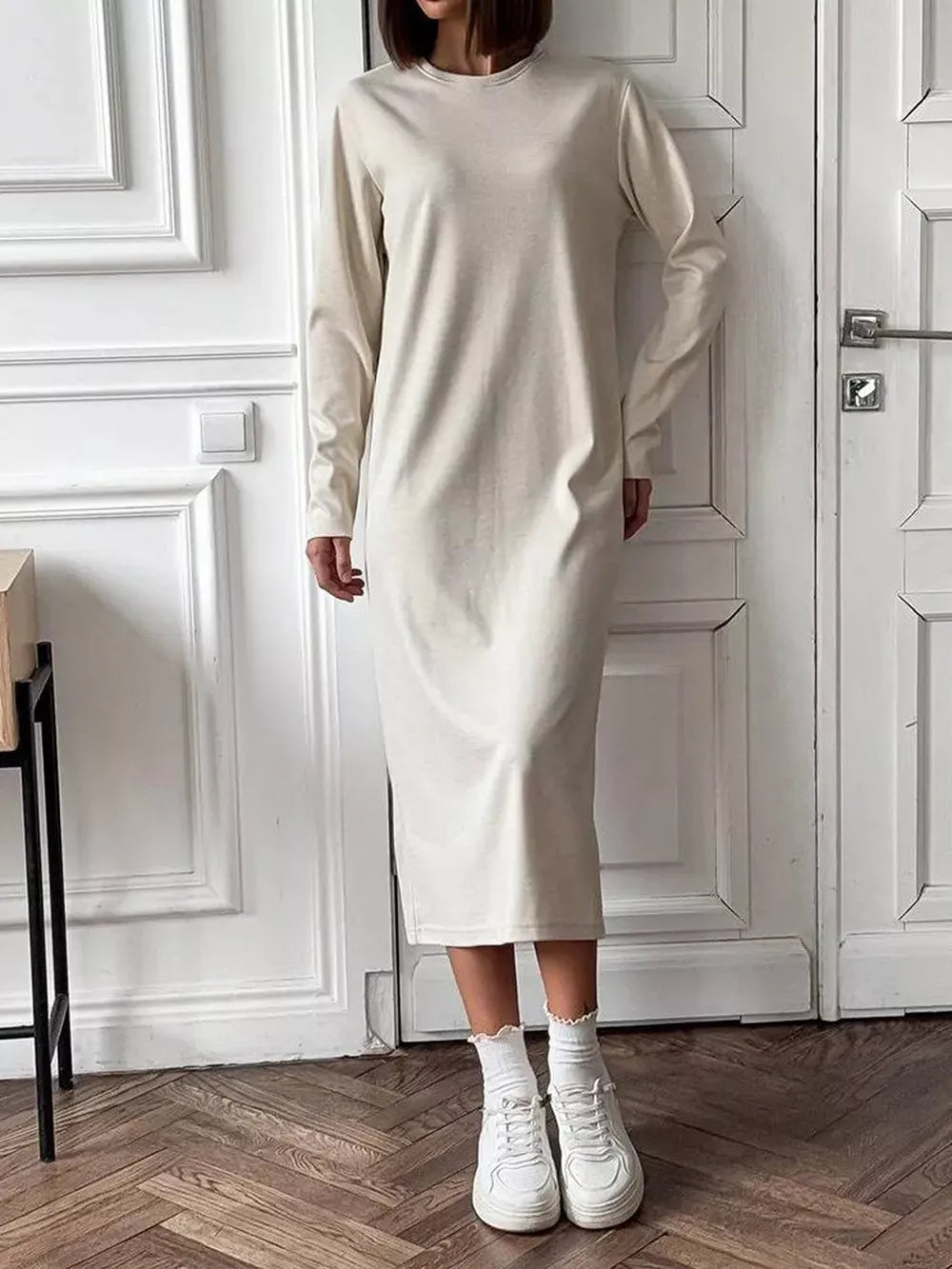 Round Neck Long-Sleeve Midi Dress - Beige