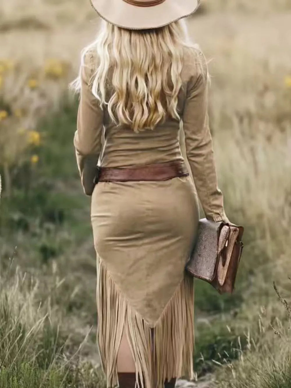 Fringed Zip-Front Bodycon Dress - Camel