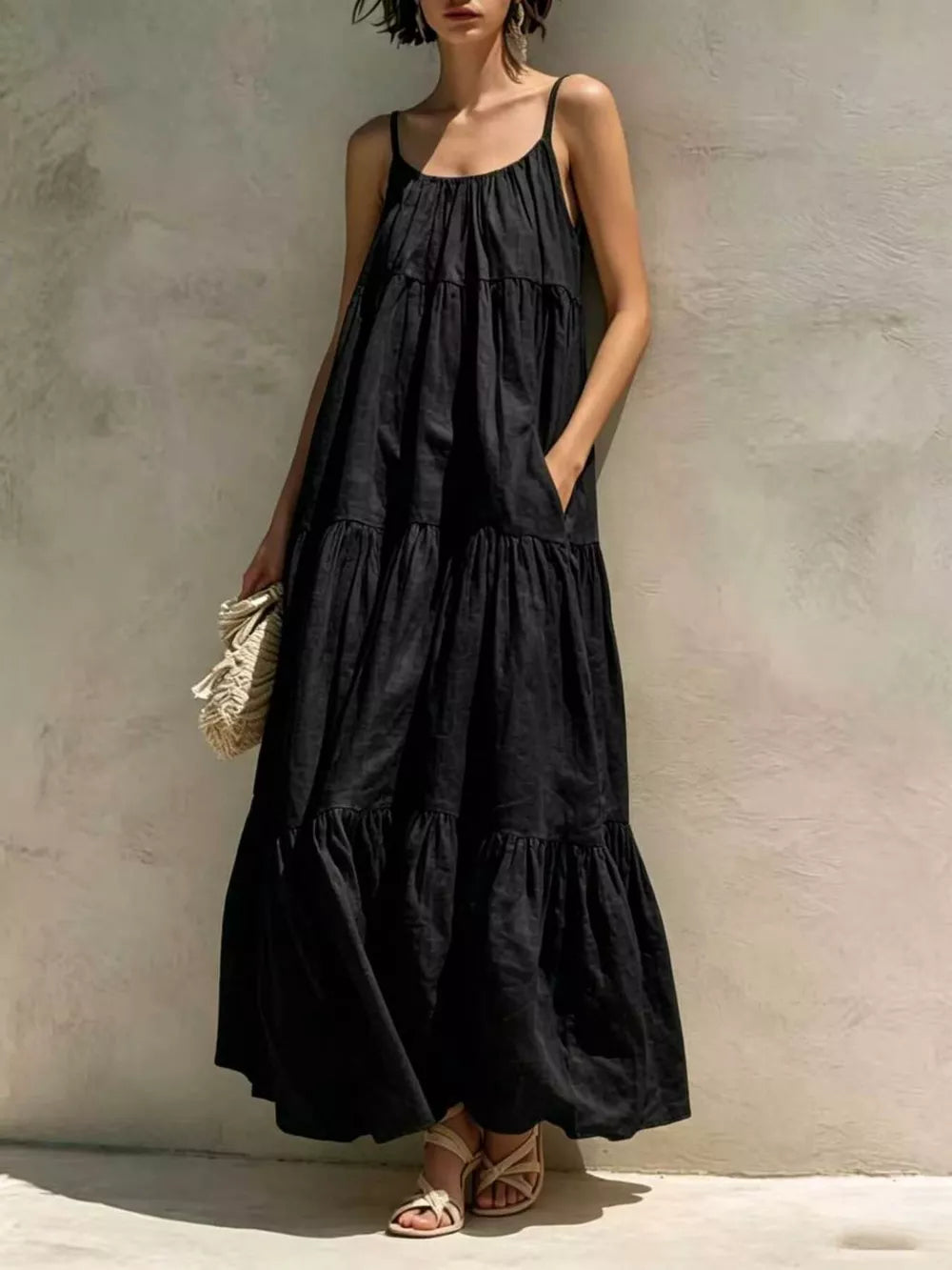 Tiered Scoop Neck Maxi Dress - Light Blue