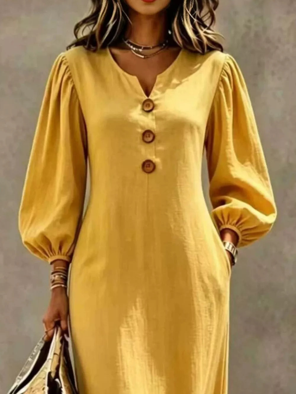 Decorative Button Balloon Sleeve Maxi Dress - Mustard