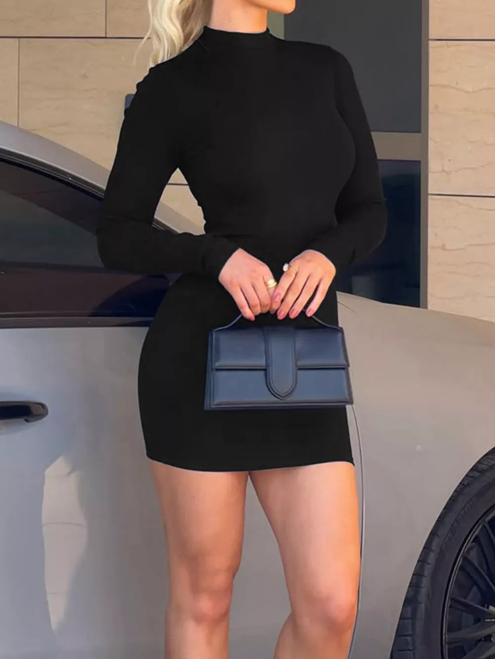 Mock Neck Ribbed Bodycon Knit Dress - Black