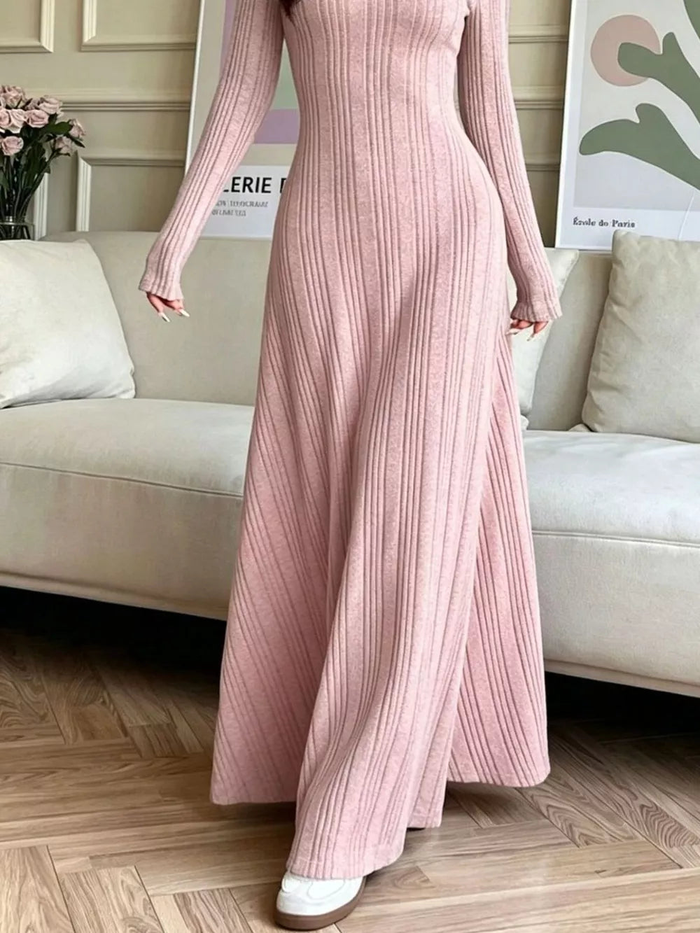 Long Sleeve Ribbed Knit Dress - Dusty Pink