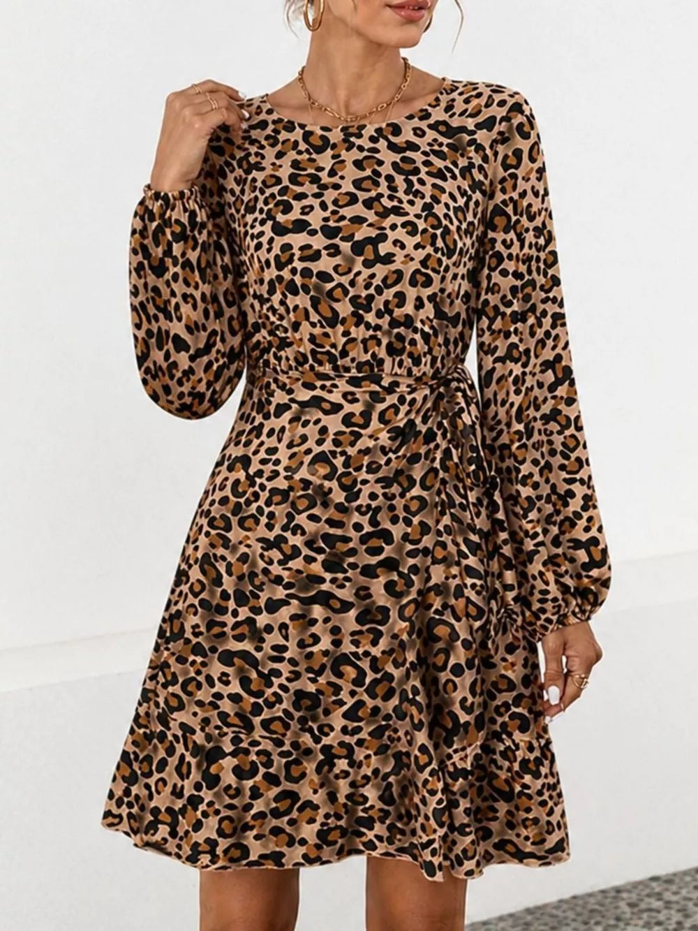 Animal Print Round Neck Mini Dress - Yellow