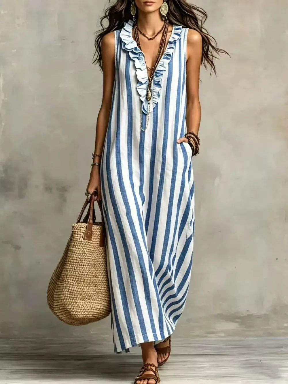 Full Size Sleeveless Striped Ruffle V-Neck Maxi Dress Plus Size - Blue