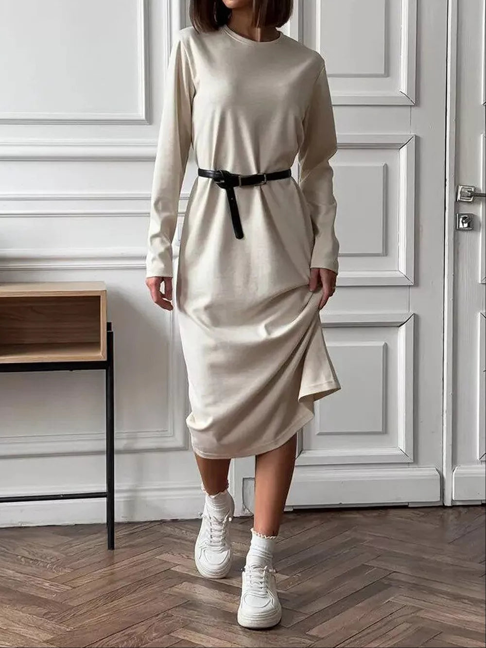 Round Neck Long-Sleeve Midi Dress - Beige