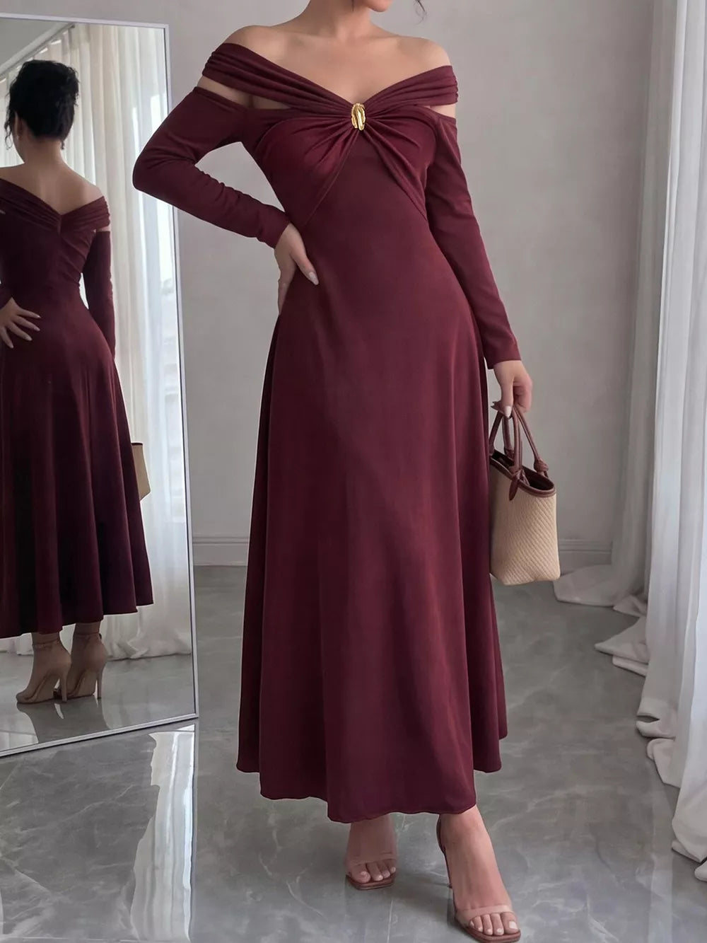 Off-Shoulder Long-Sleeve Maxi Dress - Burgundy