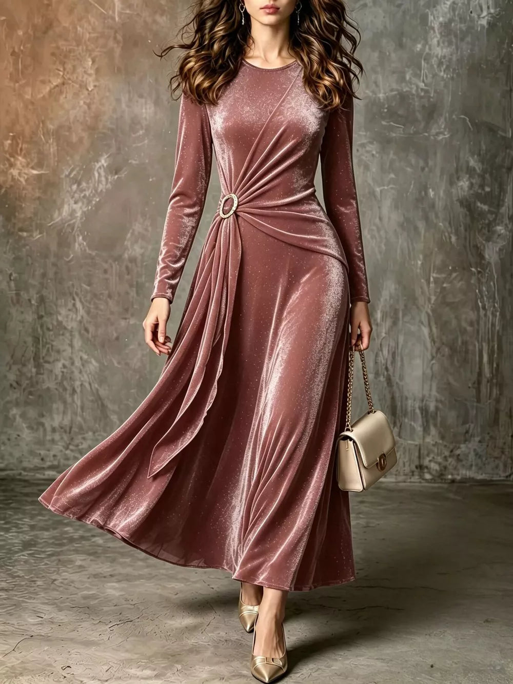 Full Size Velvet Long-Sleeve Maxi Dress with Ring Detail Plus Size - Pink