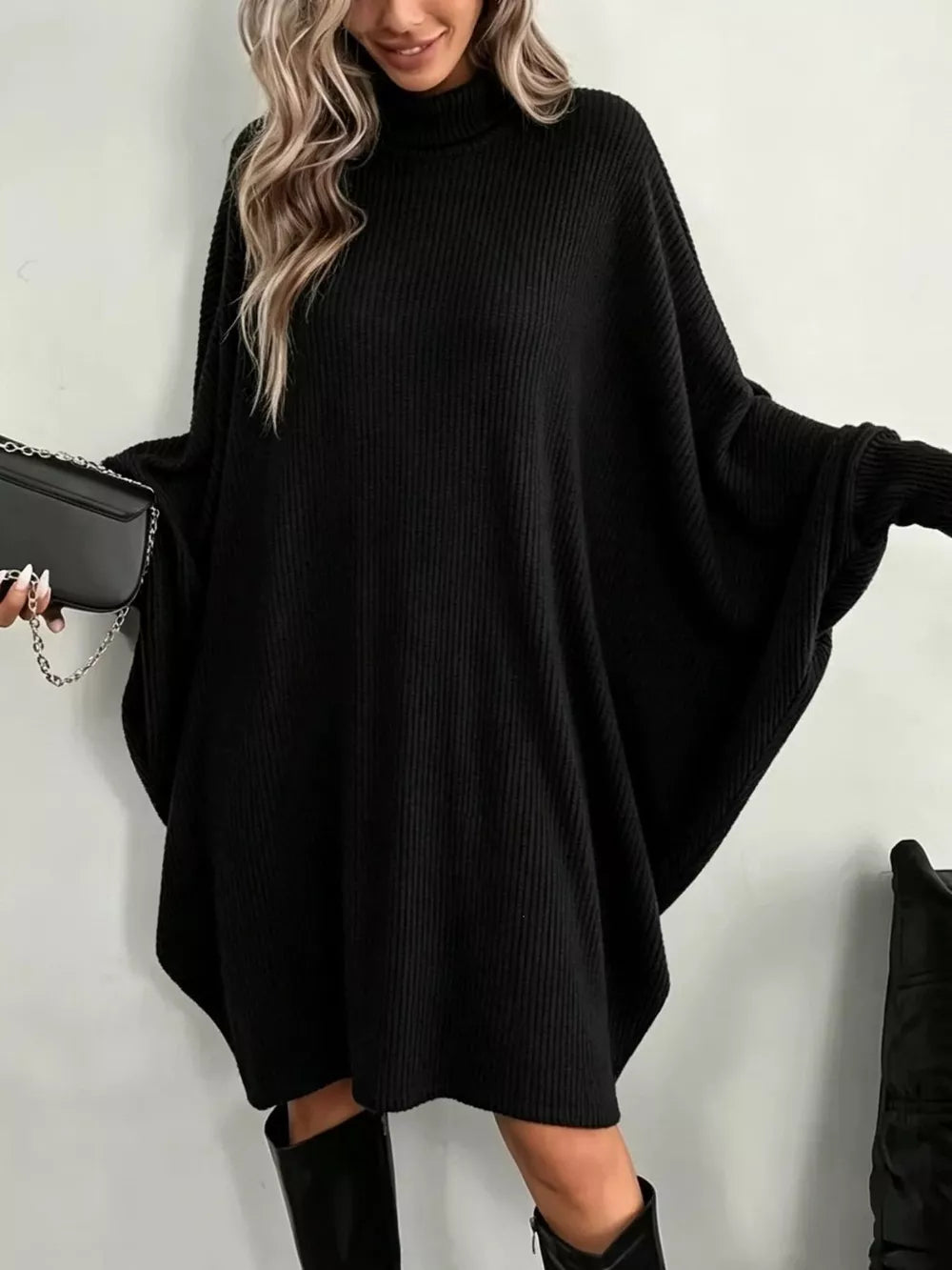 Oversized Batwing Sleeve Ribbed Knit Turtleneck Dress - Gray