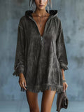 Full Size Hooded Fringed Half Zip Mini Dress Plus Size - Gray