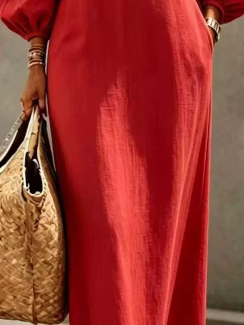 Decorative Button Balloon Sleeve Maxi Dress - Scarlet