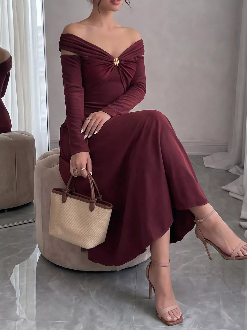 Off-Shoulder Long-Sleeve Maxi Dress - Burgundy