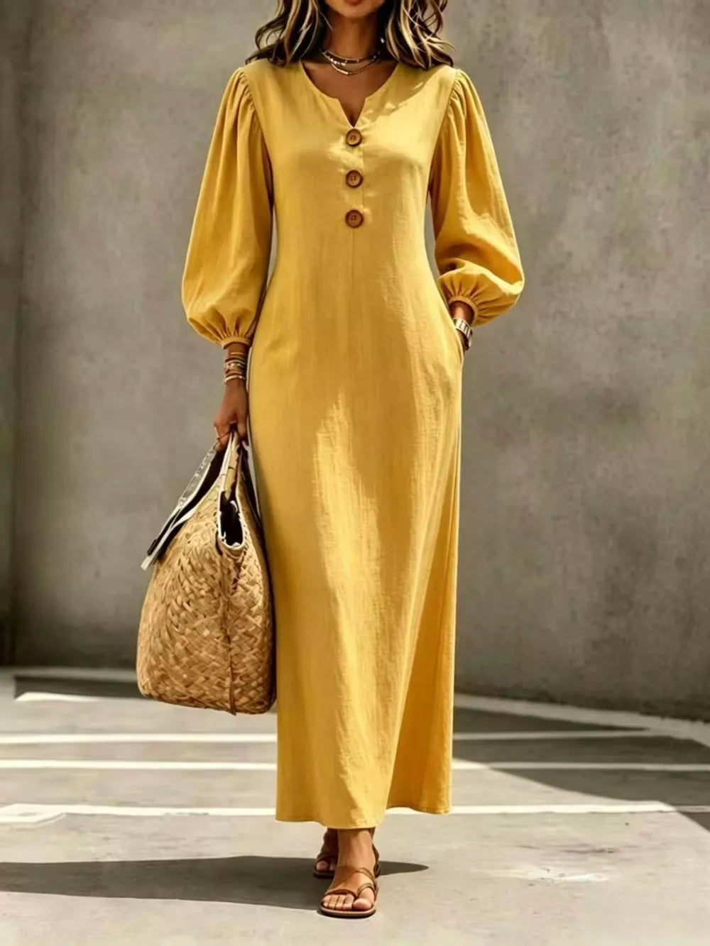 Decorative Button Balloon Sleeve Maxi Dress - Mustard