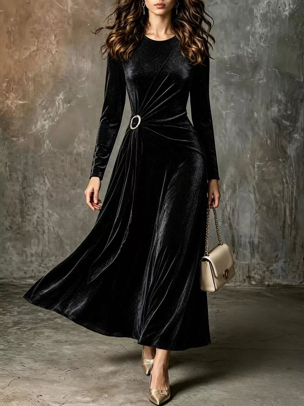 Full Size Velvet Long-Sleeve Maxi Dress with Ring Detail Plus Size - Pink