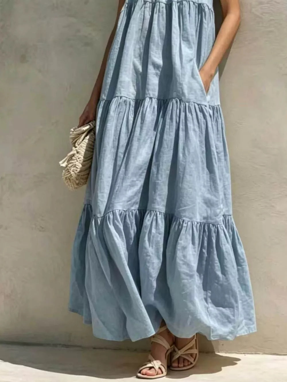 Tiered Scoop Neck Maxi Dress - Light Blue