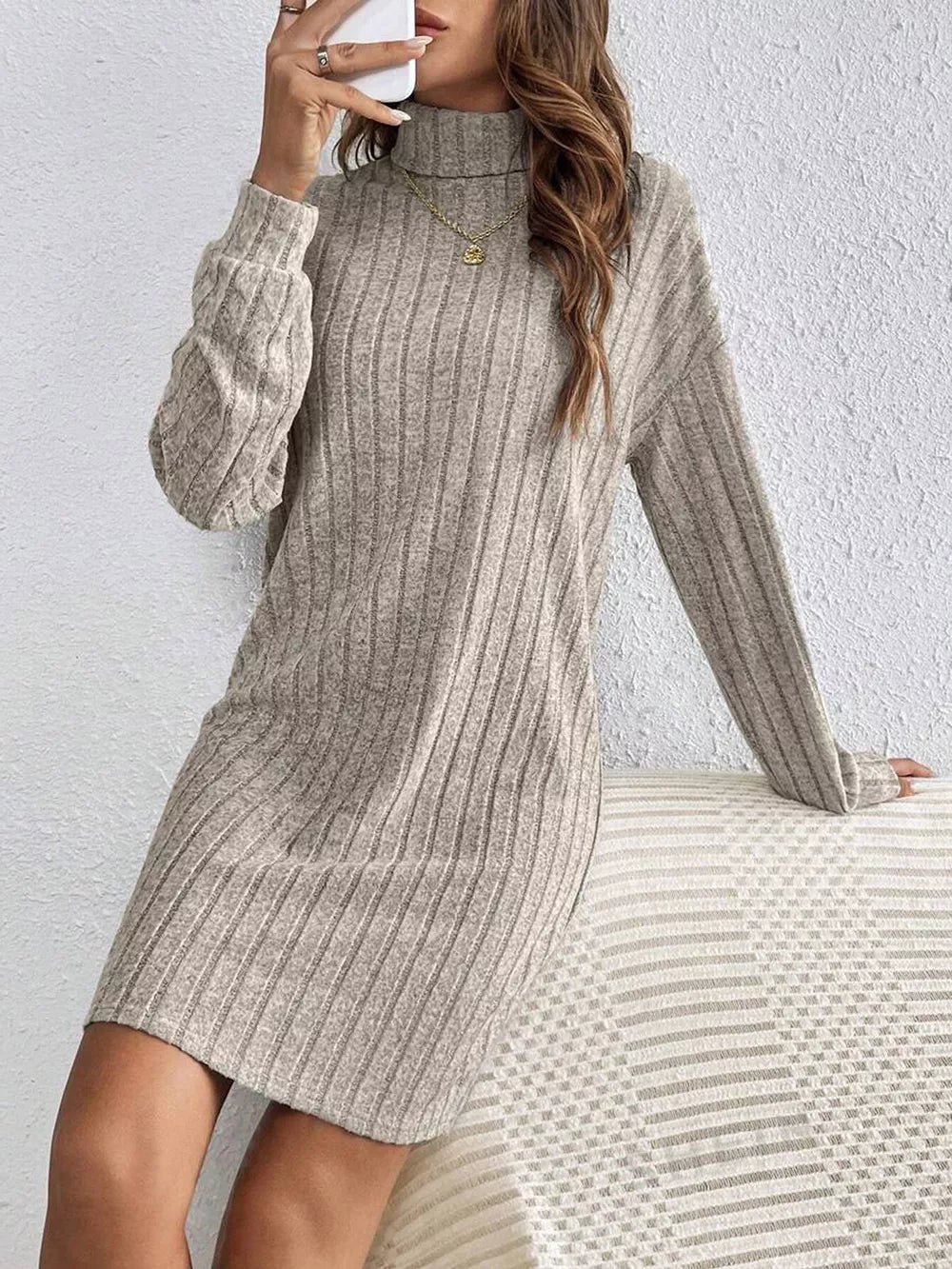 Turtleneck Ribbed Knit Dress - Mocha