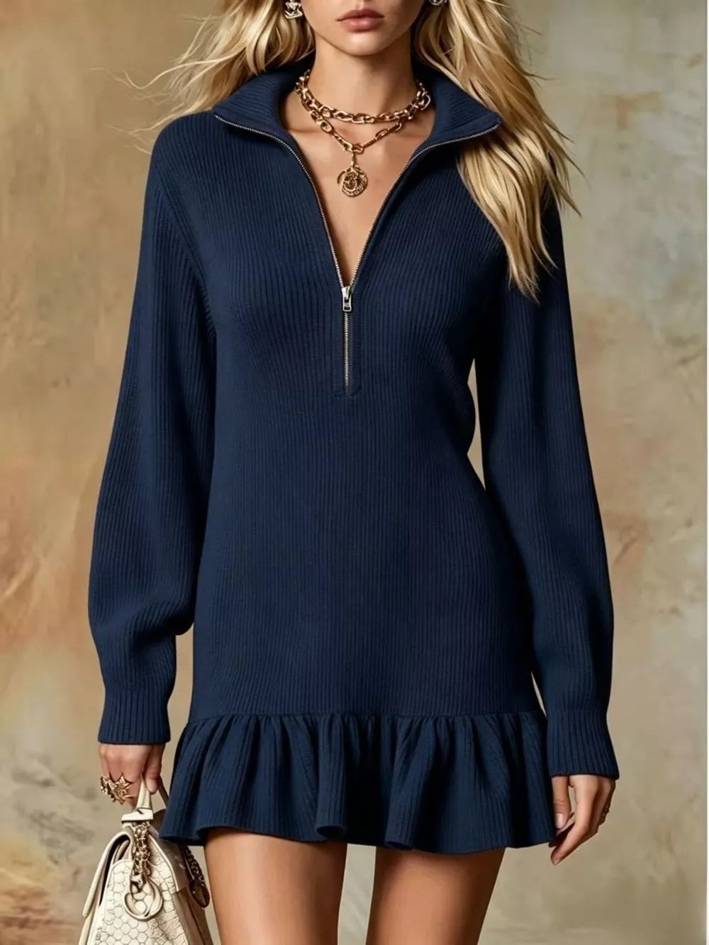 Ruffle Hem Half Zip Dress - Dark Brown