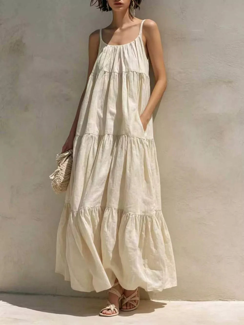 Tiered Scoop Neck Maxi Dress - Beige