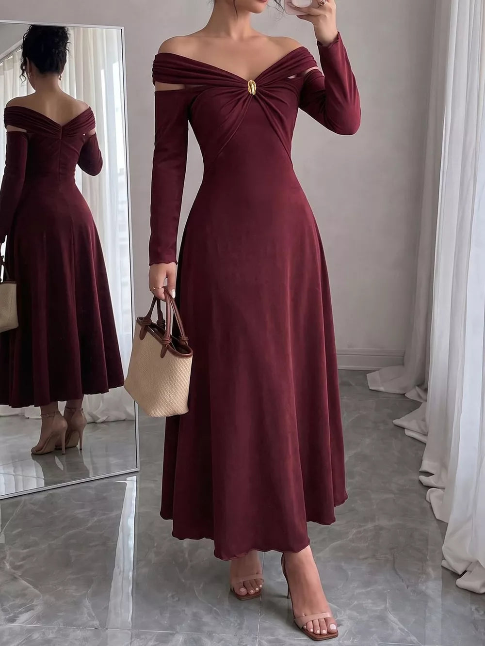 Off-Shoulder Long-Sleeve Maxi Dress - Burgundy