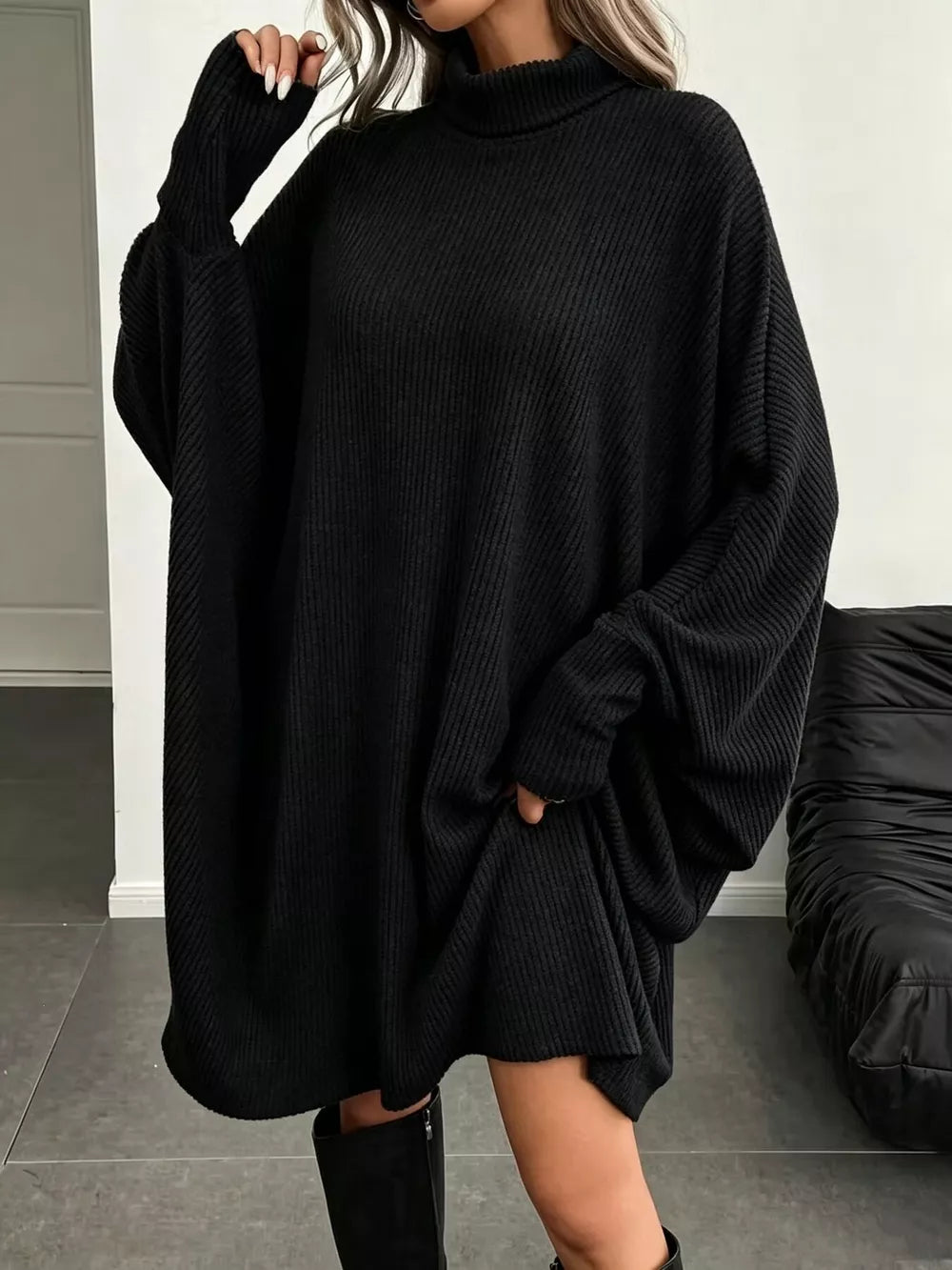 Oversized Batwing Sleeve Ribbed Knit Turtleneck Dress - Black